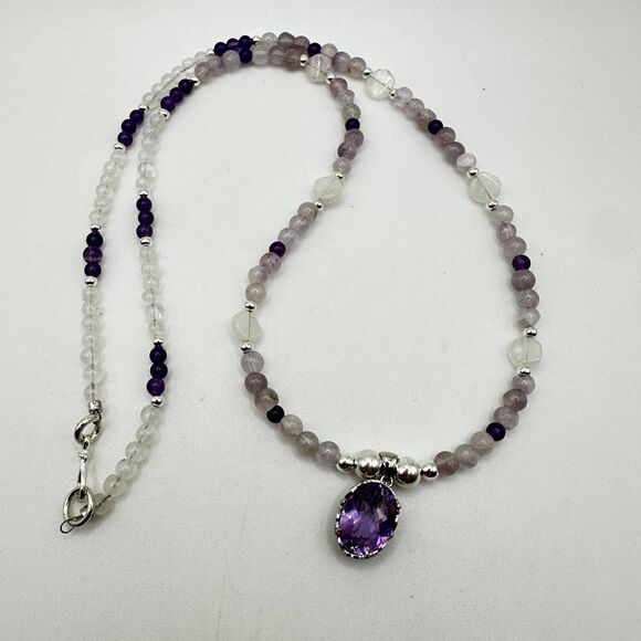22" Revived moonstone, amethyst beaded and sterling silver necklace! - Picture 1 of 12